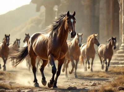 Primary subject: A brown horse running on a dirt road.

Setting/background: The horse is running in a dirt field with a rocky background.

Visual style: The image is a photo of the horse running.

Colors and mood: The dominant colors are brown and orange, with a dusty and energetic atmosphere.