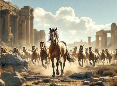 Primary subject: A brown horse running in a dusty area.

Setting/background: The horse is running in front of a group of horses, and there are ancient ruins in the background.

Visual style: The image is a digital artwork.

Colors and mood: The image has a warm and dynamic color palette, with the brown horse as the main focus.