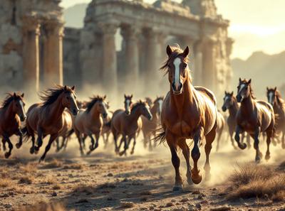 Primary subject: A brown horse running in a dusty area.

Setting/background: The horse is running in front of a large stone building, which could be a temple or a monument.

Visual style: The image is a photo of the horse running in the dusty area.

Colors and mood: The image has a sepia tone, giving it a vintage and nostalgic feel. The dusty area and the horse's movement create a sense of motion and energy.
