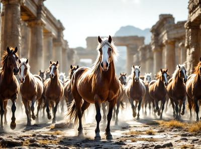 Primary subject: A brown horse with a white face, leading a group of horses.

Setting/background: An ancient ruins site with pillars and a mountain in the background.

Visual style: A photo of the horse and its herd.

Colors and mood: The image is in black and white, giving it a classic and timeless feel.