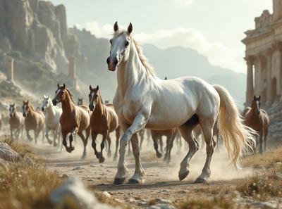 Primary subject: A white horse running in a field.

Setting/background: The horse is running in a field with mountains in the background.

Visual style: The image is a digital art illustration.

Colors and mood: The image has a warm and vibrant color palette, with the white horse standing out against the natural backdrop.