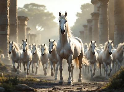 Primary subject: A white horse walking down a road.

Setting/background: The horse is walking down a road surrounded by a forest.

Visual style: The image is a photo of the horse in motion.

Colors and mood: The photo has a sepia tone, giving it a warm and nostalgic atmosphere.