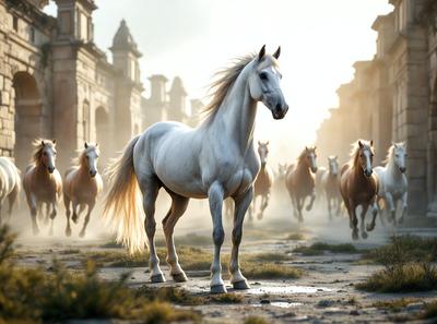 Primary subject: A white horse with a flowing mane.

Setting/background: A city street with buildings in the background.

Visual style: Digital art.

Colors and mood: The image is in sepia tone, giving it a warm and nostalgic atmosphere.