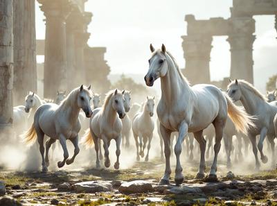Primary subject: A herd of white horses running through a field.

Setting/background: The horses are running through a field with a rocky surface.

Visual style: The image is a photo of the horses in action.

Colors and mood: The image is in black and white, giving it a classic and timeless feel. The horses' white coats contrast with the rocky field, creating a dynamic and energetic atmosphere.