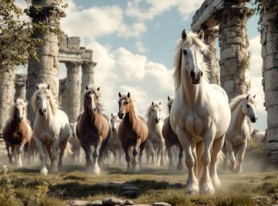Primary subject: A group of horses.
Setting/background: An open field with a cloudy sky.
Visual style: Digital art.
Colors and mood: The horses are white, and the overall atmosphere is serene and peaceful.