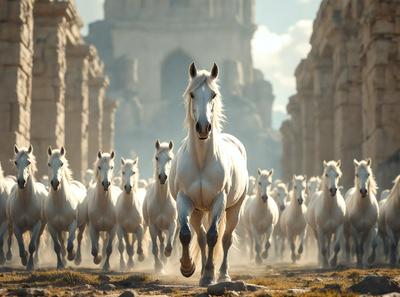 Primary subject: A white horse with a flowing mane, leading a herd of white horses.

Setting/background: The scene takes place in a desert-like environment, with a large stone building in the background.

Visual style: The image is a digital artwork, featuring a white horse and its herd in a desert setting.

Colors and mood: The dominant colors are white and beige, creating a serene and peaceful atmosphere.