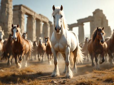 Primary subject: A white horse with a black mane.

Setting/background: An ancient stone structure, possibly a temple or monument.

Visual style: A photo of the horse and the stone structure.

Colors and mood: The image has a sepia tone, giving it a vintage and nostalgic feel.
