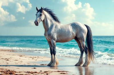 Primary subject: A horse standing on a beach.

Setting/background: The horse is standing on a sandy beach near the ocean.

Visual style: The image is a photo of the horse on the beach.

Colors and mood: The colors in the image are predominantly shades of blue and gray, with the ocean and sky providing a serene and calming atmosphere.