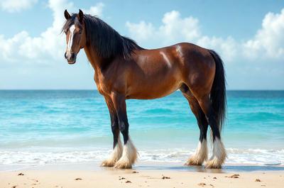 Primary subject: A brown horse standing on the beach.

Setting/background: The horse is standing on the beach, with the ocean in the background.

Visual style: The image is a photo of the horse on the beach.

Colors and mood: The horse is brown, and the overall atmosphere is serene and peaceful, as the horse stands alone on the beach.