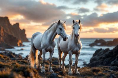 Primary subject: Two white horses standing on a grassy hillside.

Setting/background: The horses are standing on a grassy hillside with a beautiful ocean view in the background.

Visual style: The image is a photo of the two horses.

Colors and mood: The image has a warm and serene atmosphere, with the horses and the ocean view creating a sense of tranquility and natural beauty.