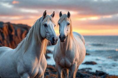 Primary subject: Two white horses standing next to each other.

Setting/background: The horses are standing on a rocky beach near the ocean.

Visual style: The image is a photo of the two horses.

Colors and mood: The horses are white, and the overall atmosphere is serene and peaceful.