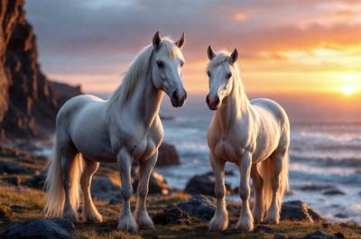 Primary subject: Two white horses standing on a grassy hill.

Setting/background: The horses are standing on a grassy hill with a rocky surface. In the background, there is a beautiful ocean view.

Visual style: The image is a photo of the two horses.

Colors and mood: The colors in the image are predominantly white, which gives the scene a serene and peaceful atmosphere.