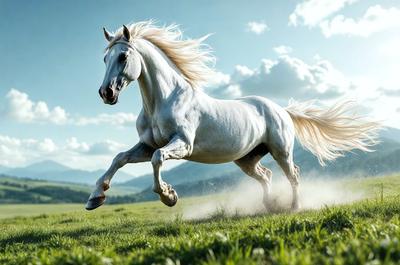 The primary subject of the image is a white horse running through a grassy field. The horse is captured in mid-stride, showcasing its grace and power. The setting is a lush green field, providing a serene and natural backdrop for the horse's movement. The visual style of the image is a photo, capturing the horse in its natural environment. The colors in the image are predominantly green, representing the grassy field, and white, representing the horse's color. The overall atmosphere of the