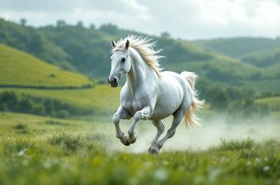 The primary subject of the image is a white horse running through a grassy field. The horse is the main focus of the scene, and it appears to be galloping with its mane flying in the wind. The setting is a lush green hillside, providing a picturesque backdrop for the horse's movement. The visual style of the image is a photo, capturing the horse in its natural environment. The colors in the image are predominantly green, with the white horse standing out against the vibrant grassy