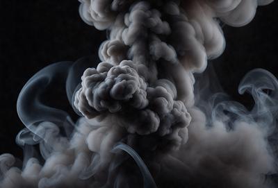 The primary subject of the image is a large, dark, and smoky cloud. The setting is a dark background, which contrasts with the cloud, creating a dramatic effect. The visual style is a black and white photo, giving the image a classic and timeless feel. The colors and mood of the image are dark and moody, with the cloud looming over the viewer, evoking a sense of mystery and intensity.