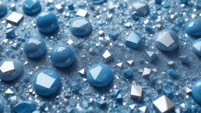 The primary subject of the image is a collection of blue glass beads. The beads are scattered across a blue background, creating a visually appealing and colorful scene. The visual style of the image is a close-up of the beads, showcasing their unique shapes and textures. The colors and mood of the image are predominantly blue, giving it a calm and serene atmosphere.