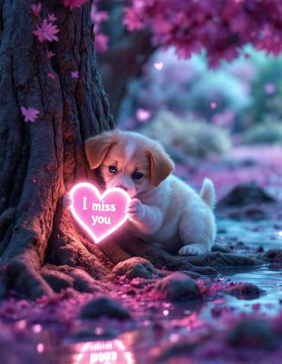 The image features a small puppy holding a heart-shaped pink light in its mouth. The puppy is standing next to a tree, and the heart appears to be a heart-shaped light or a heart-shaped pink light. The scene is set in a pink environment, which adds a warm and cozy atmosphere to the image. The visual style of the image is a combination of a photo and digital art, creating a unique and charming scene.