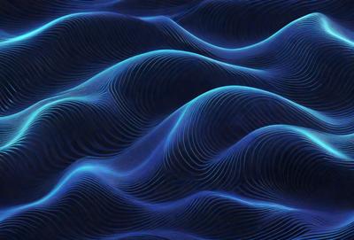 The primary subject of the image is a blue ocean with waves. The setting is the ocean, and the visual style is a digital art or illustration. The dominant colors are blue and white, creating a calm and serene atmosphere.