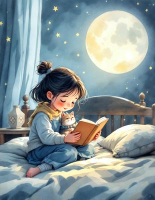 The primary subject of the image is a young girl sitting on a bed, reading a book. The setting is a cozy bedroom, with a bed visible in the background. The visual style is a beautifully drawn illustration, capturing the girl's attention as she reads her book. The colors and mood of the image are warm and inviting, creating a sense of comfort and relaxation.
