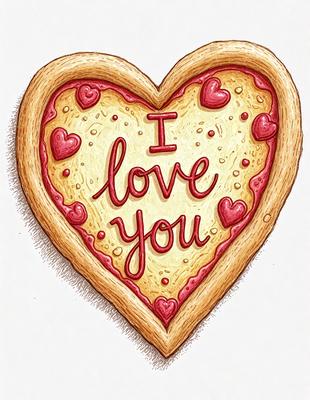 The primary subject of the image is a heart-shaped pizza with the words "I Love You" written on it. The heart is made of pizza slices, and the words are written in red. The setting is a white background, and the visual style is a hand-drawn illustration. The colors are predominantly red and yellow, creating a warm and affectionate atmosphere.