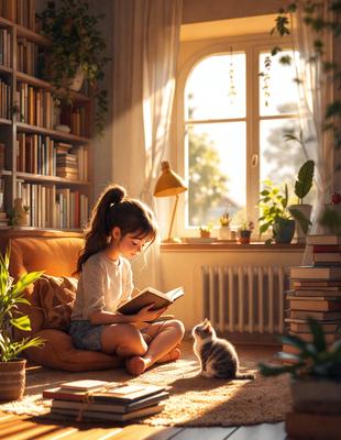 The primary subject of the image is a young girl sitting on a couch, reading a book. The setting is a cozy living room with a window, and the visual style is a photo. The colors in the image are warm and inviting, creating a comfortable and relaxing atmosphere.