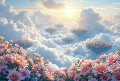 The primary subject of the image is a beautiful and colorful flower arrangement. The setting is a cloudy sky, with the flowers floating in the air. The visual style is a combination of digital art and illustration, creating a whimsical and dreamy atmosphere. The dominant colors are pink, purple, and white, which contribute to a serene and calming mood.