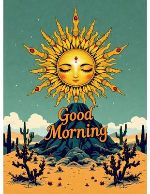 The primary subject of the image is a sun with a face drawn on it, which is set against a blue sky. The sun is positioned above a mountain, and the overall atmosphere is bright and cheerful. The visual style of the image is a combination of digital art and illustration, creating a unique and eye-catching design.