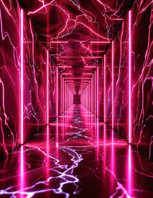 The primary subject of the image is a long, narrow hallway with a pink lighting effect. The setting is a tunnel-like structure, and the visual style appears to be a combination of a photo and digital art. The dominant colors are pink and red, creating a warm and inviting atmosphere.