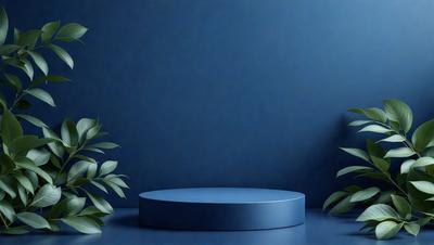 The primary subject of the image is a blue round table. The table is placed on a blue surface, which could be a table or a wall. The setting appears to be a room with a blue wall, and the visual style is a photo. The dominant colors in the image are blue and green, creating a calm and serene atmosphere.