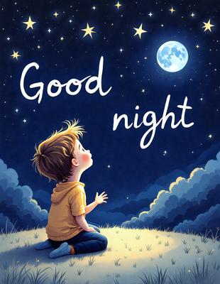 The primary subject of the image is a young boy sitting on the grass at night, looking up at the sky. The setting is a peaceful, outdoor environment with a clear night sky. The visual style is a digital art or illustration, creating a warm and inviting atmosphere. The colors are predominantly dark, with the boy's clothing and the night sky being the main focus.