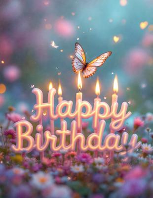 The primary subject of the image is a birthday celebration. The setting is a beautiful garden with pink flowers, and the visual style is a digital art or illustration. The colors and mood are predominantly pink, creating a warm and joyful atmosphere.
