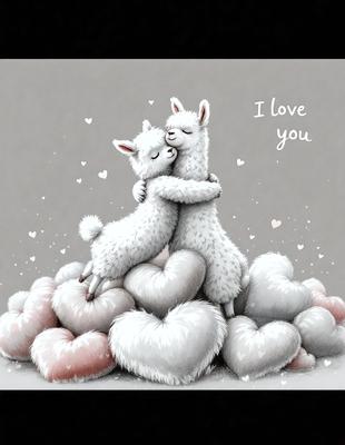 The image features two white and brown animals, possibly llamas, standing close to each other and hugging. They are surrounded by a pile of hearts, which adds a playful and affectionate touch to the scene. The animals are positioned in the center of the image, with the hearts surrounding them. The overall atmosphere of the image is warm, loving, and heartfelt.