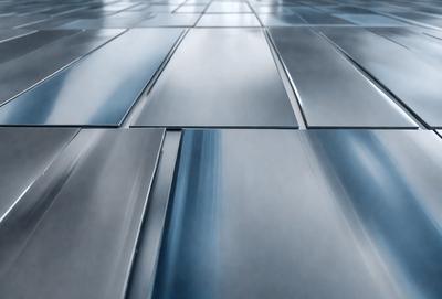 The primary subject of the image is a large, reflective surface, possibly a mirror or a piece of glass. The setting is a room with a blue tint, giving the scene a cool and modern atmosphere. The visual style is a close-up of the reflective surface, emphasizing its texture and reflective properties. The colors and mood of the image are predominantly blue, creating a calm and serene environment.