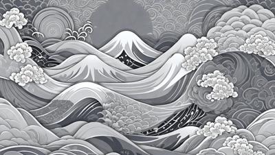 The primary subject of the image is a mountainous landscape with a wave-like pattern. The setting is a mountainous area with a wave-like pattern on the mountain. The visual style is a combination of digital art and illustration, creating a unique and artistic representation of the mountainous landscape. The colors and mood of the image are predominantly gray and white, giving it a calm and serene atmosphere.
