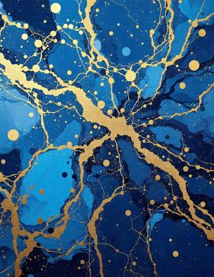 The primary subject of the image is a blue background with gold stars and bubbles. The setting appears to be a painting or digital artwork, as the visual style is not a photo. The colors and mood of the image are predominantly blue and gold, creating a sense of depth and intrigue.