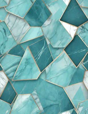 The primary subject of the image is a blue marble tile with a pattern of triangles. The setting is a blue marble wall, and the visual style is a close-up of the tile. The dominant colors are blue and white, creating a calm and serene atmosphere.