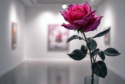 The primary subject of the image is a single pink rose, which is placed in a glass vase. The setting is a room with a white wall, and the visual style appears to be a photo. The dominant colors in the image are pink and white, creating a calm and serene atmosphere.