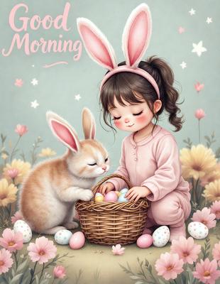 The image features a young girl wearing a pink outfit, sitting on the ground and holding a basket filled with eggs. She is surrounded by a beautiful garden setting, with a variety of flowers and rabbits. The scene is depicted in a digital art style, creating a warm and inviting atmosphere.