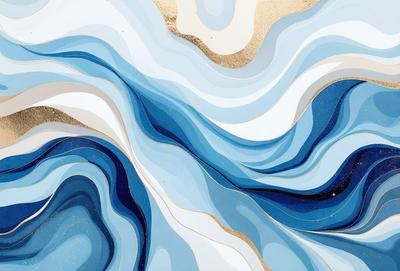 The primary subject of the image is a blue and white ocean wave. The setting is a blue and white ocean, with a sandy beach visible in the background. The visual style is a combination of digital art and illustration, creating a unique and artistic representation of the ocean wave. The dominant colors are blue and white, giving the image a calming and serene atmosphere.
