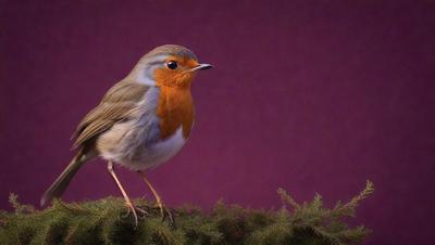 The primary subject of the image is a small bird with a red breast, perched on a branch. The bird is facing the camera, and its vibrant red color stands out against the purple background. The setting appears to be a natural environment, with the bird sitting on a branch in front of a purple wall. The visual style of the image is a close-up of the bird, emphasizing its details and colors. The overall atmosphere of the image is calm and serene, with the bird as the focal point.