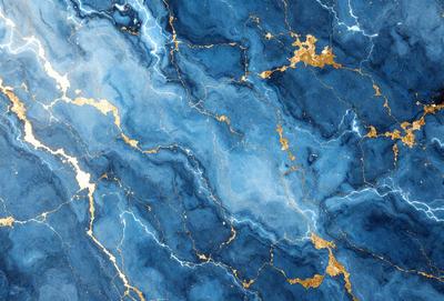 The primary subject of the image is a blue marble wall with gold accents. The setting is a room with a blue marble wall as the main focus. The visual style is a combination of a photo and digital art, creating a unique and intricate design. The dominant colors are blue and gold, giving the wall a luxurious and elegant appearance.