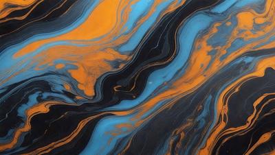 The primary subject of the image is a blue and orange swirl pattern, which is the main focus of the image. The setting is a black and blue background, creating a contrasting visual style. The colors and mood of the image are vibrant and dynamic, with the blue and orange swirls creating a sense of movement and energy.