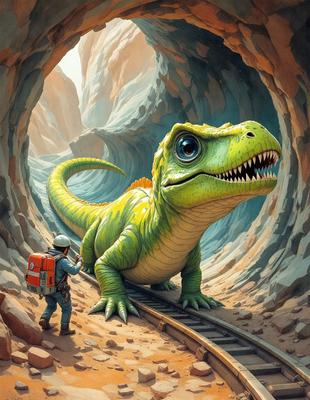 The primary subject of the image is a large green dinosaur, likely a T-Rex, standing on a train track. The setting is a rocky landscape, with the dinosaur appearing to be walking towards a man who is standing nearby. The visual style of the image is a painting, which gives it a more artistic and detailed appearance. The dominant colors in the painting are green and brown, creating a natural and earthy atmosphere.