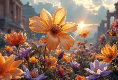 Primary subject: A large yellow flower with a brown center, surrounded by other flowers.

Setting/background: The flower is in a garden, with a sunny day creating a bright and cheerful atmosphere.

Visual style: The image is a photo of the flower in a garden.

Colors and mood: The dominant colors are yellow and orange, creating a warm and vibrant mood.
