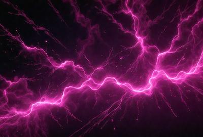 The primary subject of the image is a pink lightning bolt, which is the main object, scene, or focus of the image. The setting or background is a dark, starry sky, which adds to the overall atmosphere. The visual style of the image is a digital art or illustration, as it is a well-defined and detailed representation of the lightning bolt. The colors and mood of the image are predominantly pink, which gives it a warm and vibrant feel.