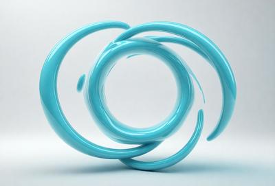 The primary subject of the image is a blue, curved sculpture or art piece. The setting is a white background, which provides a clean and minimalist environment for the artwork. The visual style appears to be a combination of digital art and illustration, as the piece has a unique and intricate design. The dominant colors in the image are blue and white, creating a sense of calmness and elegance.