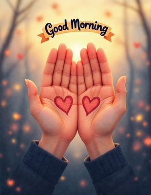 The primary subject of the image is a person's hands, which are holding a heart shape. The setting is a forest, with trees visible in the background. The visual style is a digital art, and the colors are predominantly red and orange, creating a warm and inviting atmosphere.