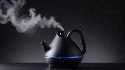 The primary subject of the image is a black teapot with a blue light on it. The teapot is placed on a table, and it appears to be emitting steam. The setting is a dark room, and the visual style is a close-up of the teapot. The colors in the image are predominantly black and blue, creating a moody atmosphere.