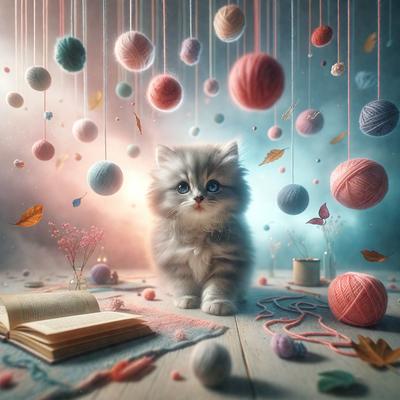 The primary subject of the image is a small, fluffy, gray kitten sitting on a table. The setting is a room with a table, and the visual style is a digital art or illustration. The colors and mood of the image are predominantly pink, with a few other colors like blue and yellow, creating a warm and inviting atmosphere.