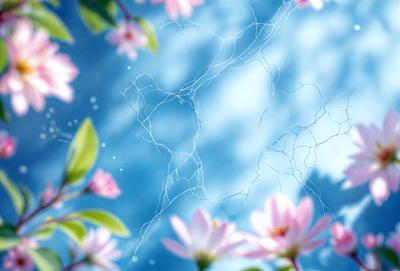 The primary subject of the image is a close-up of a flower, with a focus on its petals and the surrounding water droplets. The setting is a blue sky, which serves as the background for the flower. The visual style is a combination of photo and digital art, creating a realistic yet artistic representation of the flower. The colors are predominantly pink, which gives the image a warm and inviting atmosphere.